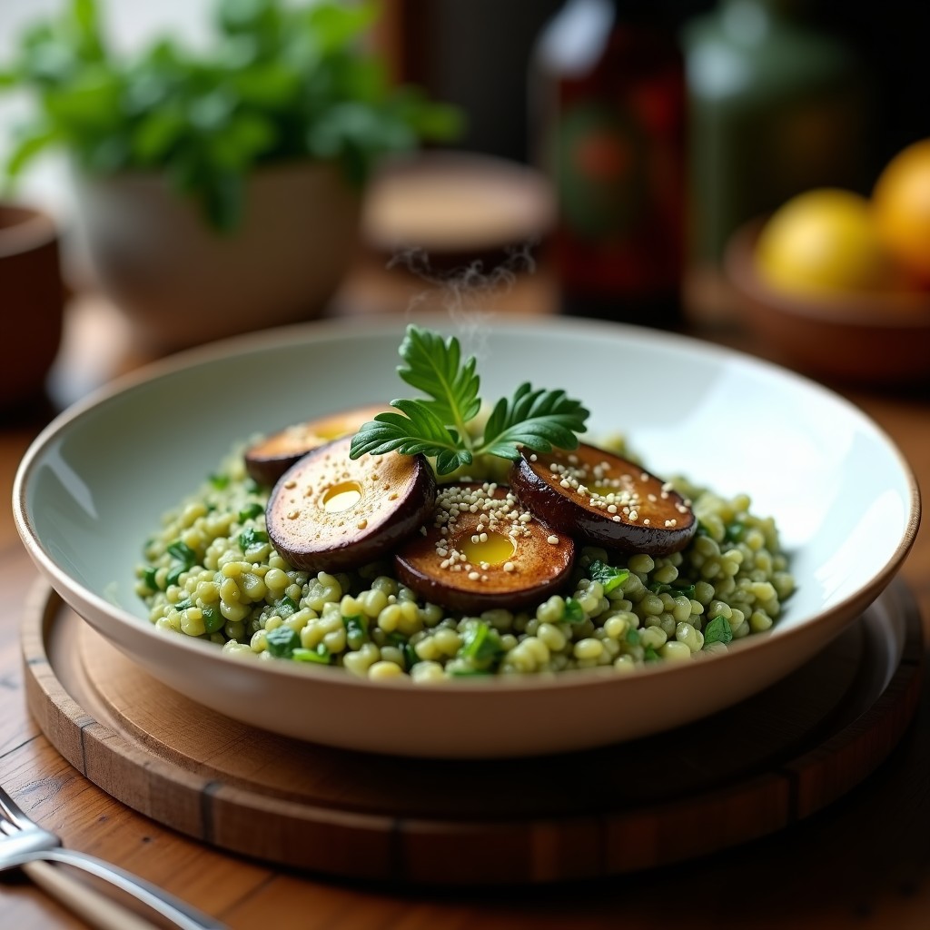 Plato hondo de cerámica blanca con risotto cremoso de col rizada y champiñones portobello, decorado con perejil fresco y un hilo de aceite de oliva, con fondo rústico de madera y utensilios de cocina.