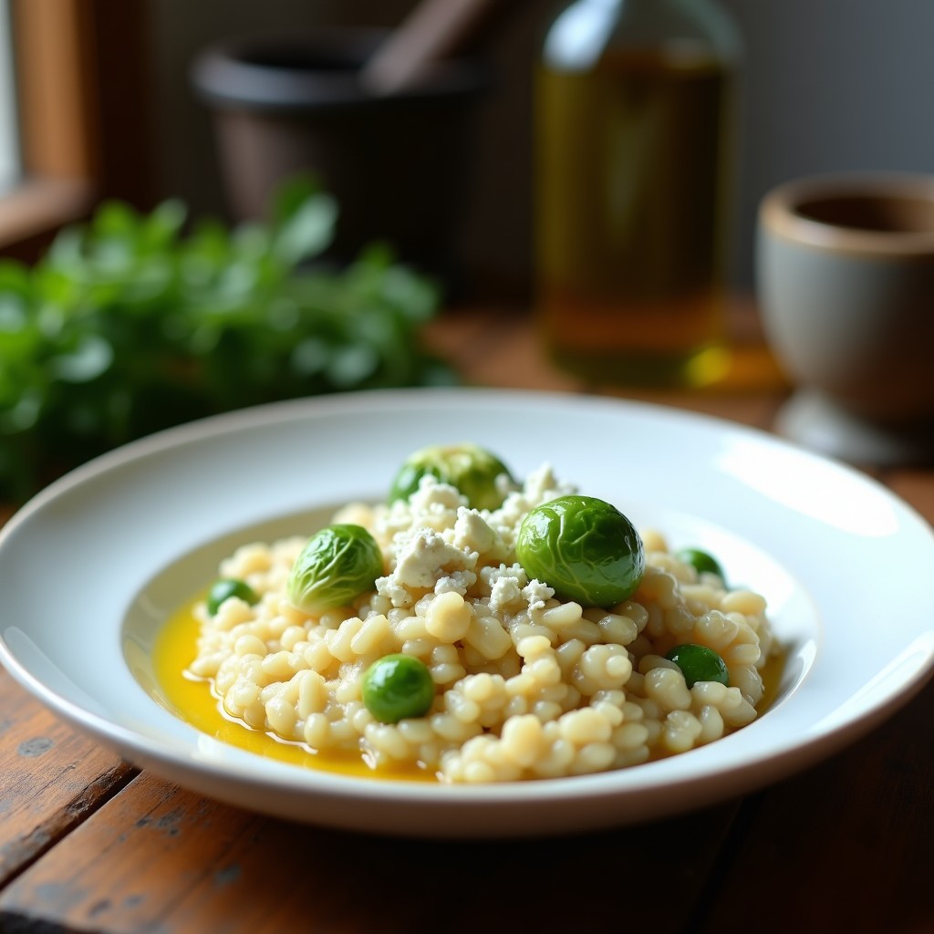 Plato hondo blanco con risotto cremoso de color verde claro y trozos de coles de Bruselas, gorgonzola desmenuzado y un hilo de vinagre de manzana. Textura sedosa y aspecto reconfortante.