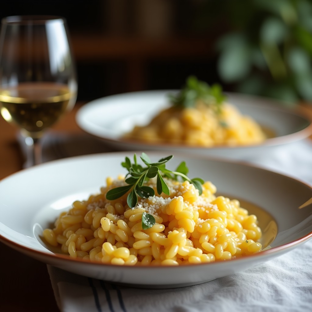 Plato hondo de cerámica blanca con risotto cremoso de coles de Bruselas y queso pecorino, coronado con crutones de centeno dorados y almendras fileteadas. Al fondo, hojas de salvia y un toque de pimienta negra.