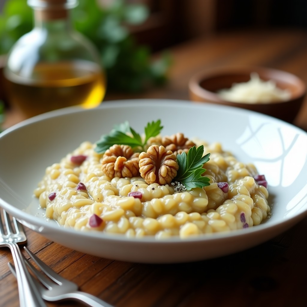 Plato blanco hondo con risotto de coliflor cremoso de color marfil, decorado con ajo negro en trozos, nueces picadas y perejil fresco. Textura sedosa y brillo característico del ajo negro.