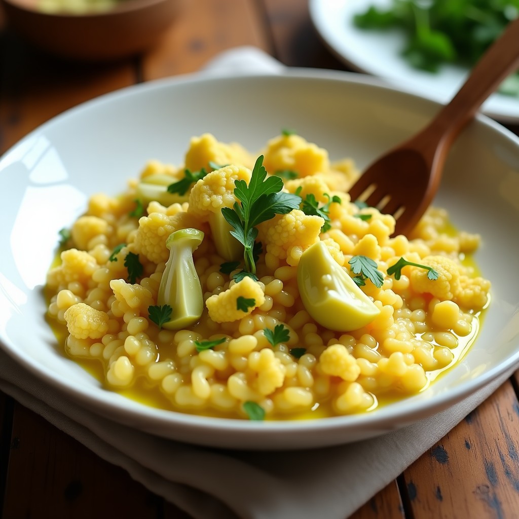 Plato hondo de cerámica blanca con risotto de coliflor dorado por el azafrán, trozos de alcachofa verde oscuro y almendras fileteadas tostadas. Decorado con perejil fresco y un hilo de aceite de oliva. Fondo rústico con servilleta de lino.