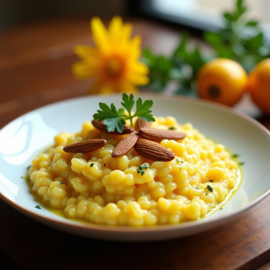 Plato hondo blanco con risotto de coliflor y azafrán de color dorado intenso, coronado con virutas de almendra tostada y perejil fresco. Textura cremosa y aspecto gourmet, con un hilo de aceite de oliva brillante.