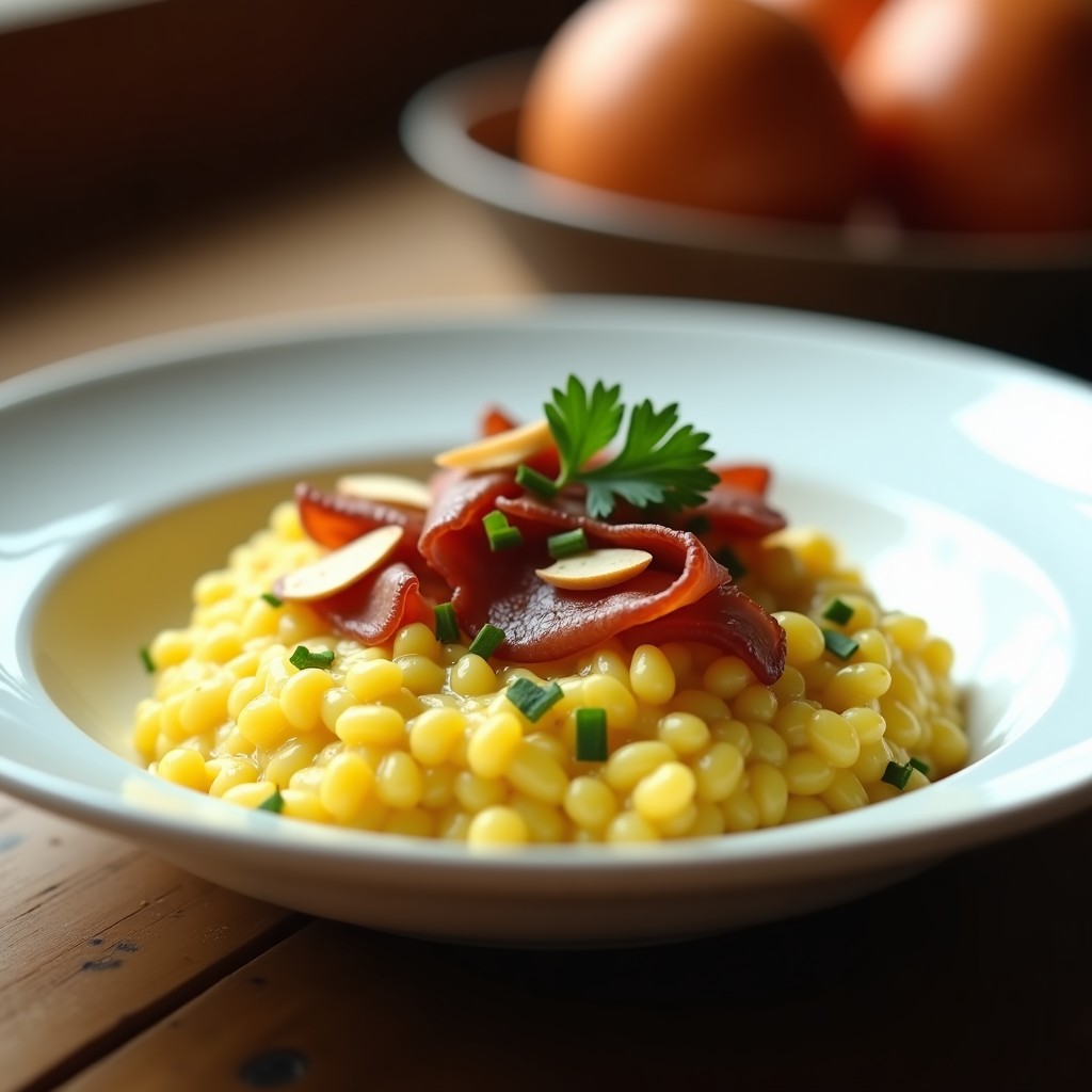 Plato hondo de cerámica blanca con risotto cremoso de coliflor y azafrán, coronado con crujientes láminas de jamón serrano dorado, almendras tostadas y perejil fresco. Fondo rústico con textura de madera y luz cálida.