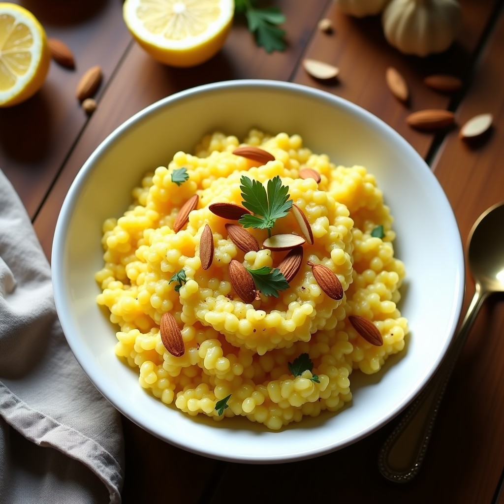 Plato hondo de cerámica blanca con risotto de coliflor y azafrán keto, dorado y cremoso, decorado con almendras fileteadas tostadas, perejil fresco y hebras de azafrán. fondo borroso con especias persas y limón.