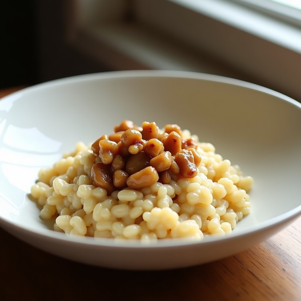 Plato hondo blanco con risotto cremoso de coliflor de color beige claro, espolvoreado con azúcar morena sin azúcar y coronado con nueces tostadas doradas y troceadas. Textura suave y brillo ligero, ideal para receta keto rápida.