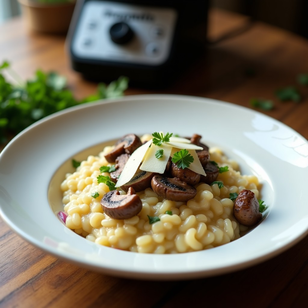 Plato blanco hondo con risotto cremoso de coliflor y champiñones portobello, decorado con perejil fresco y virutas de parmesano, servido en Thermomix.