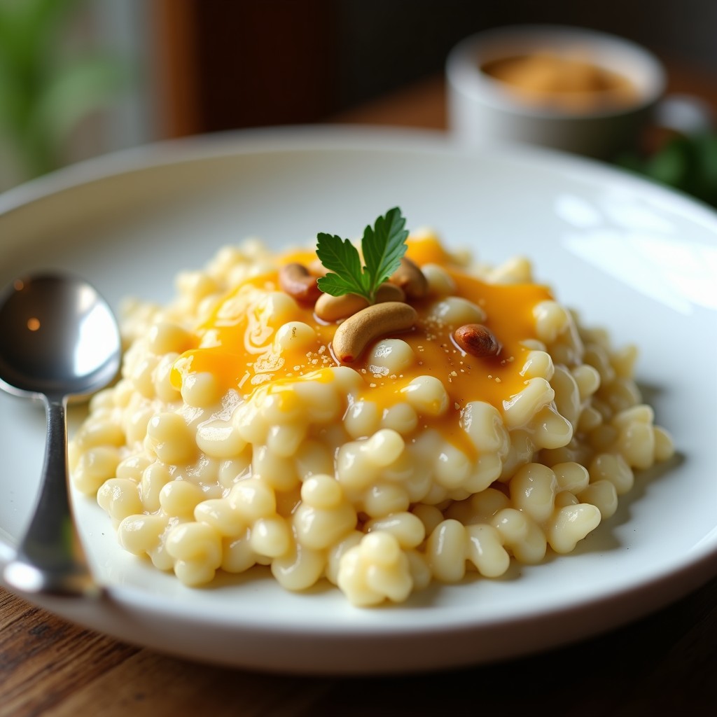 Plato blanco con risotto de coliflor cremoso en airfryer, espolvoreado con queso vegano y anacardos tostados, servido con una cuchara de madera.