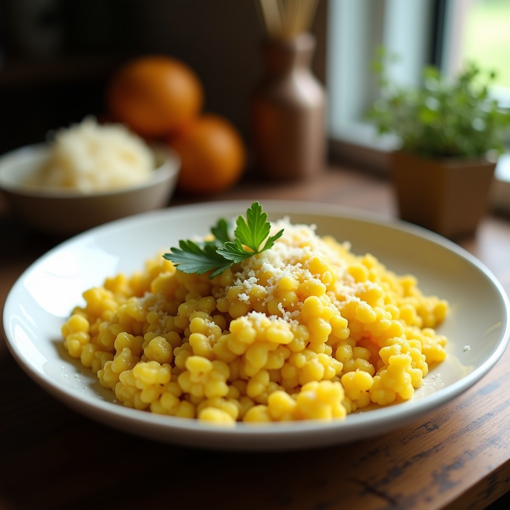 Plato blanco con risotto de coliflor dorado por la cúrcuma, espolvoreado con queso parmesano y perejil fresco, servido en airfryer.