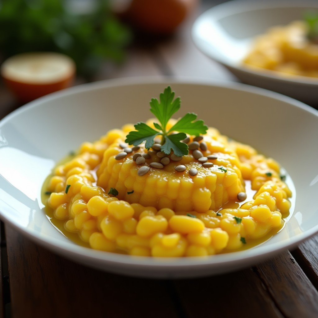 Plato blanco hondo con risotto de coliflor y cúrcuma, de color dorado intenso, decorado con perejil fresco y semillas de calabaza tostadas. Receta Thermomix cremosa y sin lactosa.