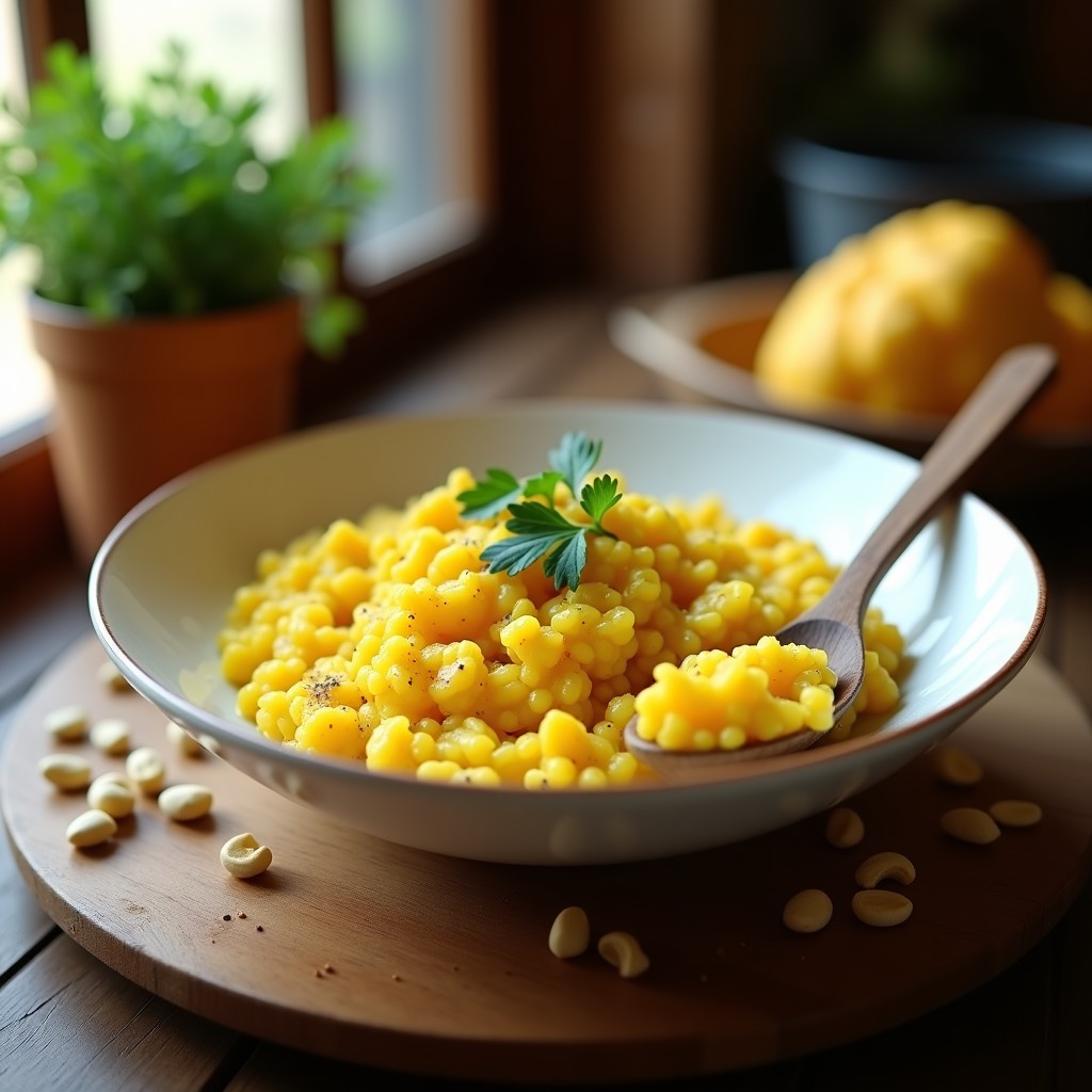 Plato hondo blanco con risotto de coliflor dorado por la cúrcuma, cremoso y espolvoreado con perejil fresco, servido con una cuchara de madera.