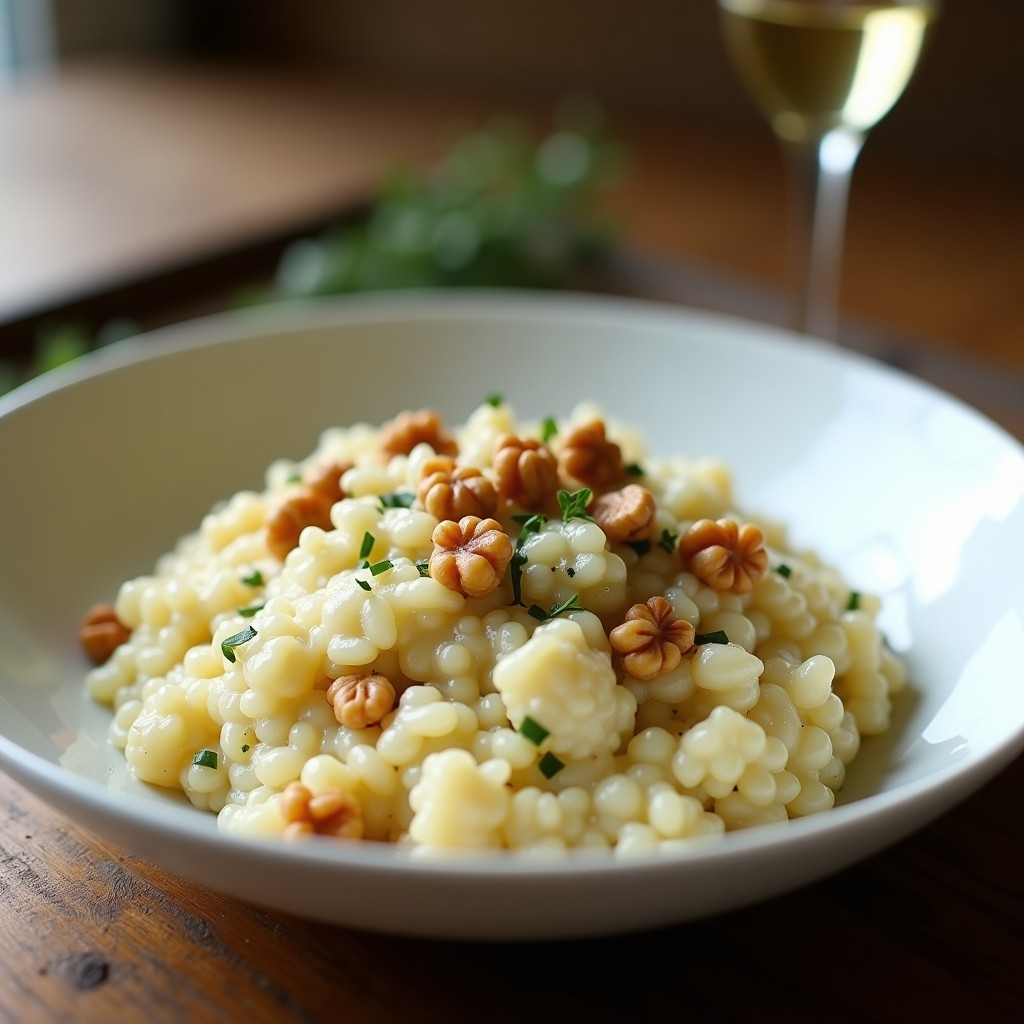 Plato blanco hondo con risotto de coliflor cremoso, trozos de queso azul desmenuzado y nueces tostadas picadas, cocinado en airfryer.