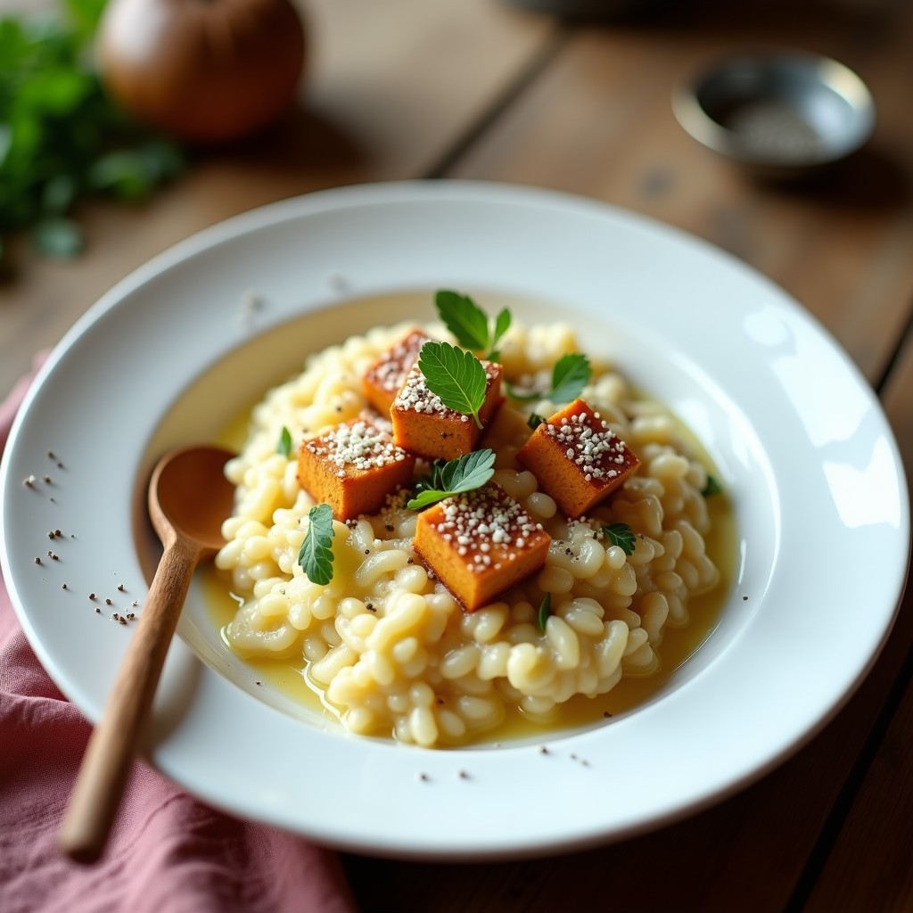 Plato blanco con risotto de coliflor cremoso, trozos dorados de tofu ahumado y queso parmesano rallado, servido con una cuchara de madera y hierbas frescas.