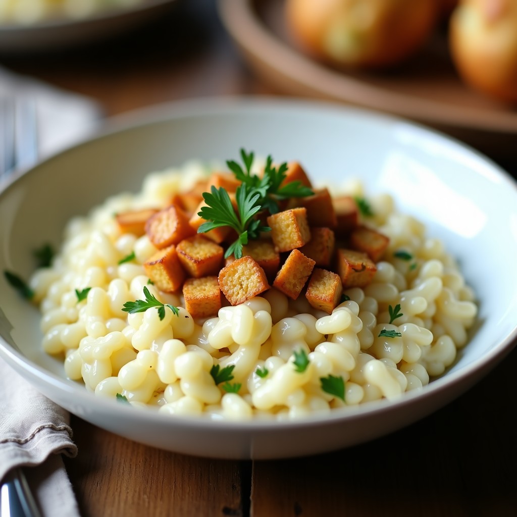 Plato blanco con risotto de coliflor cremoso, trozos dorados de tofu ahumado y perejil fresco espolvoreado, servido con tenedor de madera.