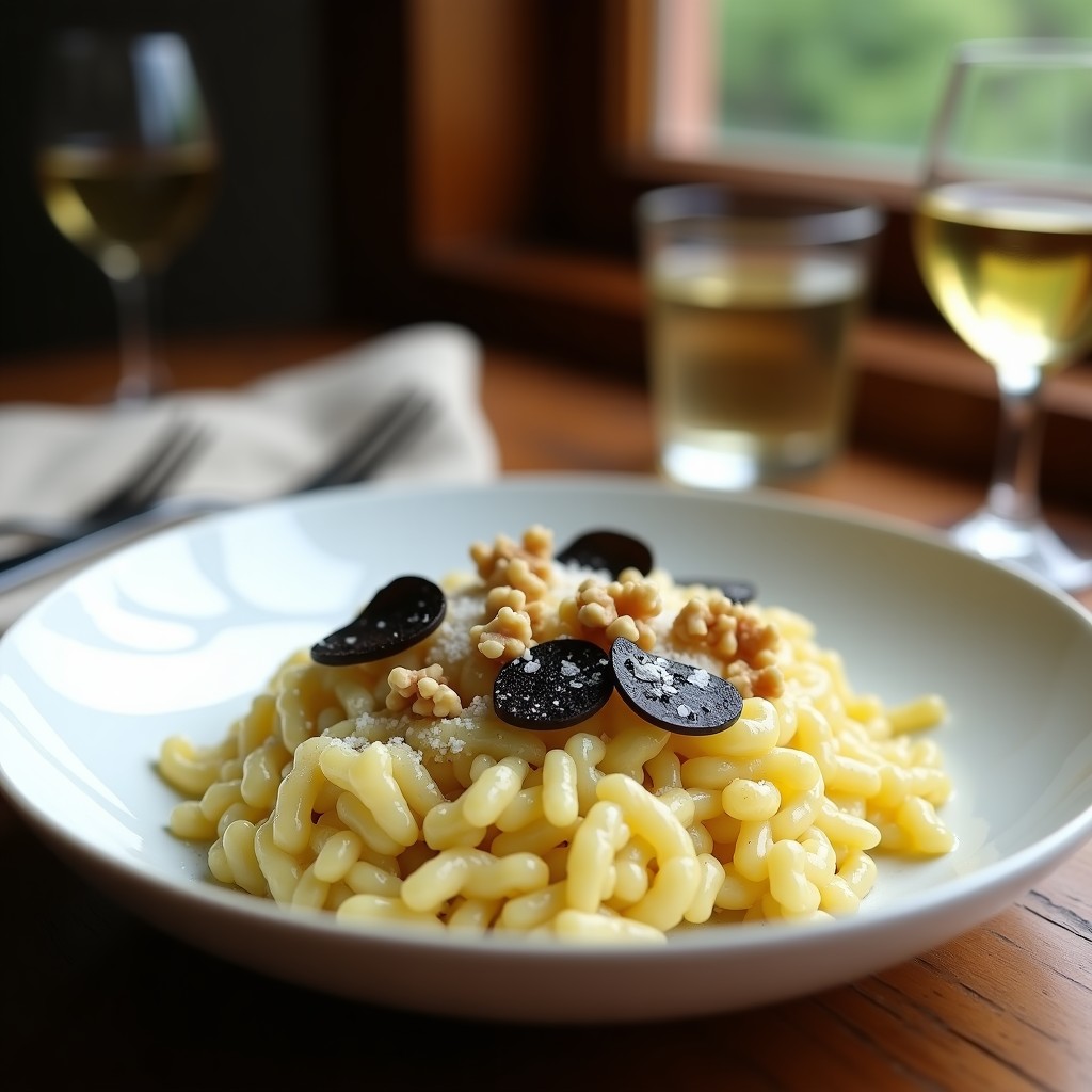 Plato blanco hondo con risotto cremoso de coliflor, coronado con láminas de trufa negra y nueces picadas, servido con un hilo de aceite de trufa.