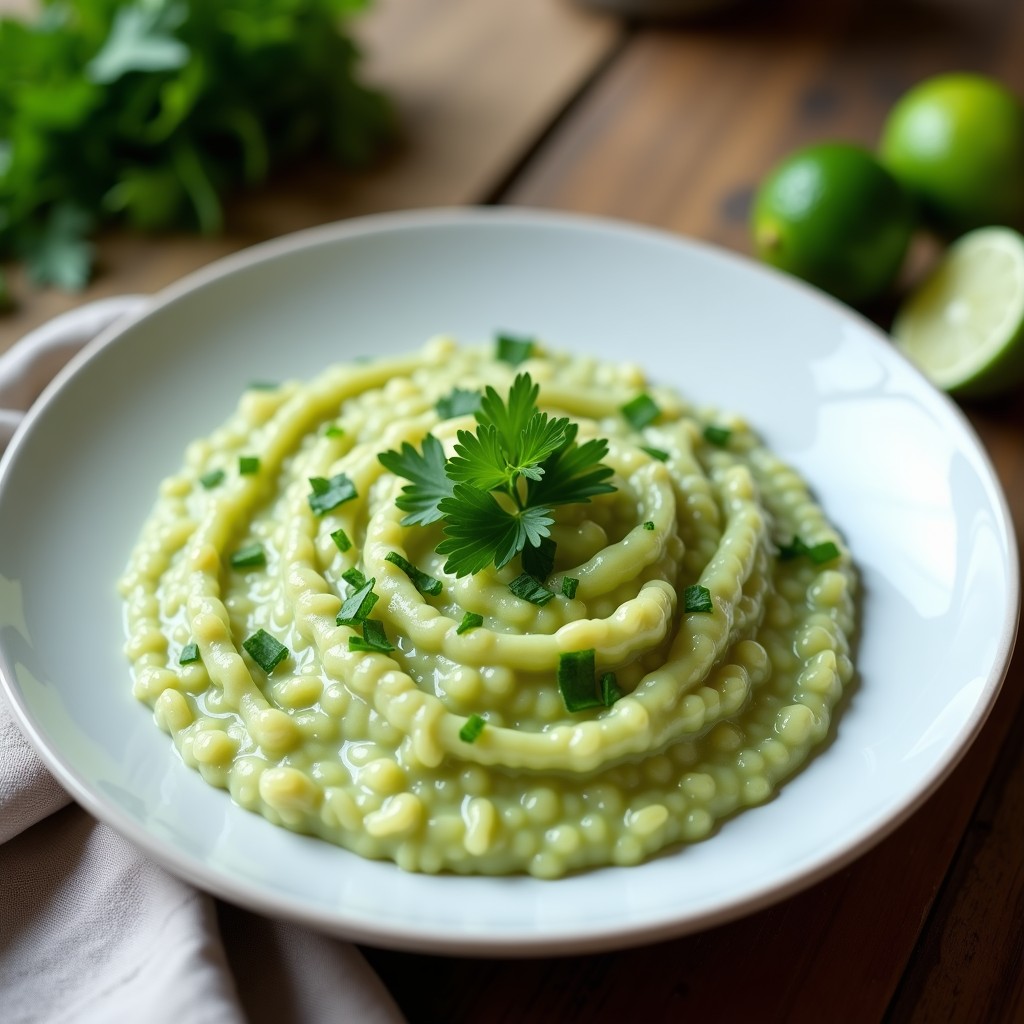 Plato hondo blanco con risotto cremoso de color verde claro, decorado con culantro fresco picado y rodajas de lima. Fondo rústico con servilleta de lino.