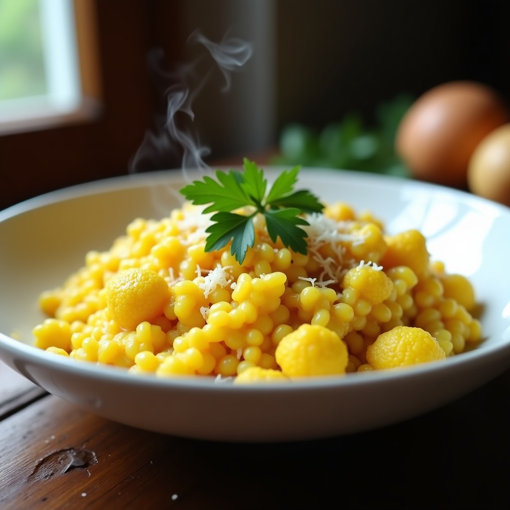 Plato blanco hondo con risotto de cúrcuma y coliflor en airfryer, color dorado intenso, decorado con perejil fresco y virutas de parmesano, fondo rústico de madera.