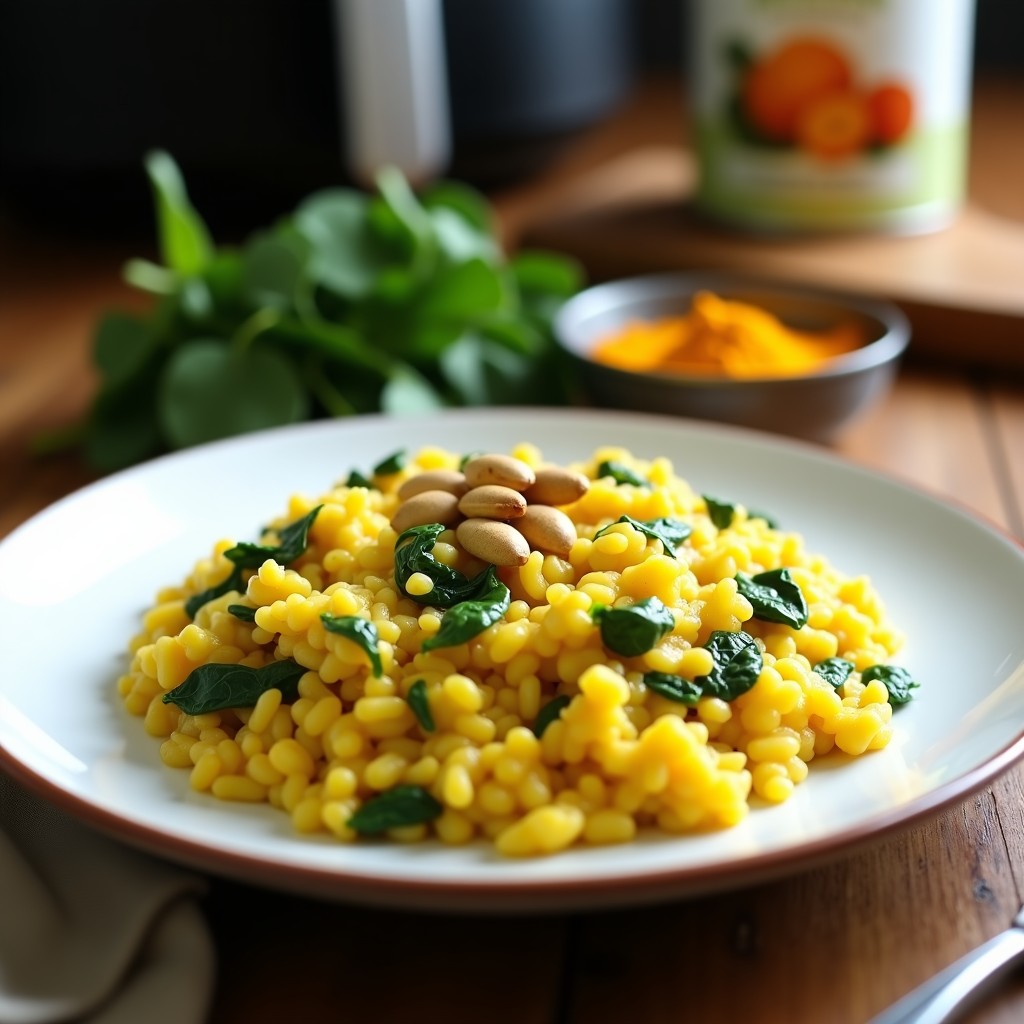 Plato blanco con risotto de cúrcuma de color dorado intenso, espinacas verdes vibrantes y semillas de calabaza tostadas, servido en airfryer con fondo rústico.