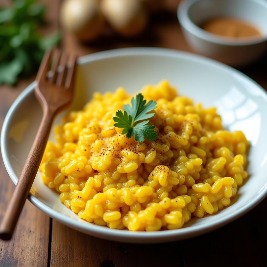 Plato hondo blanco con risotto de cúrcuma y jengibre en airfryer, color dorado vibrante, decorado con jengibre rallado y hojas de cilantro, servido con tenedor de madera.