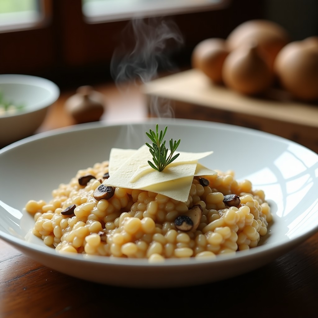 Plato hondo blanco con risotto cremoso de champiñones porcini secos, decorado con virutas de Parmesano y una ramita de tomillo fresco, receta Thermomix.
