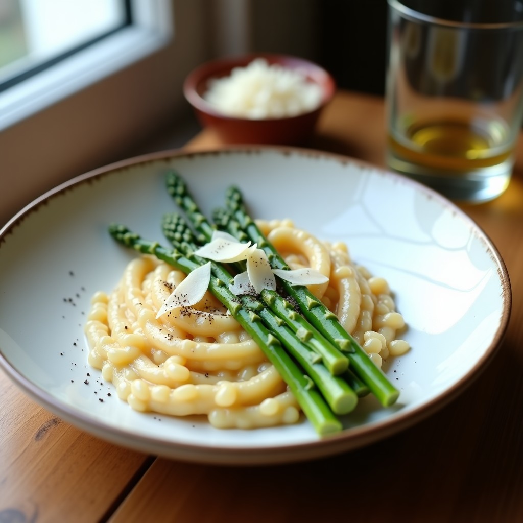Plato hondo de porcelana blanca con risotto cremoso de color beige, espárragos trigueros verdes brillantes y copos de queso parmesano. Fondos borrosos de cocina rústica con luz natural.