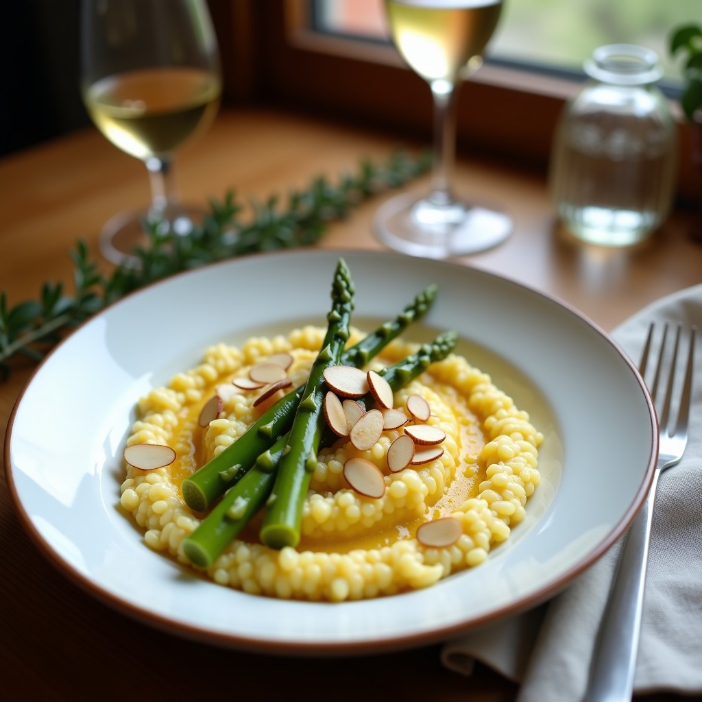 Plato hondo blanco con risotto cremoso de color dorado por el azafrán, adornado con puntas de espárragos blancos, almendras fileteadas tostadas y un hilo de mantequilla de hierbas. Fondo rústico con servilleta de lino y copas de vino.