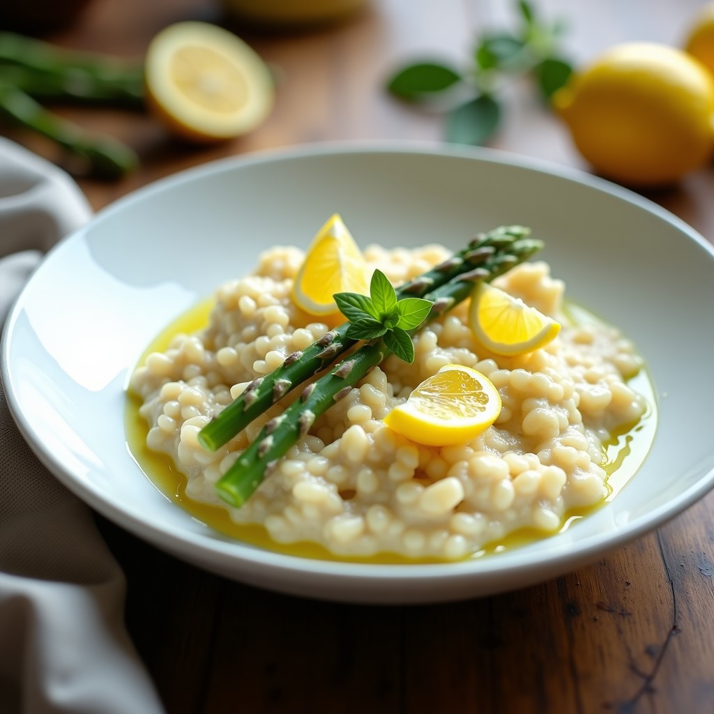 Plato hondo de porcelana blanca con risotto de espárragos blancos y limón, textura ultracremosa, decorado con perejil fresco, ralladura de limón y un hilo de aceite de oliva virgen extra. Espárragos blancos en rodajas y puntas enteras visibles, fondo de cocina rústica con luz natural.
