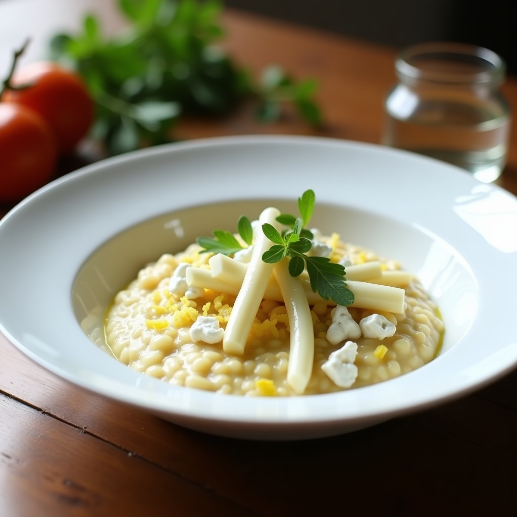 Plato hondo de porcelana blanca con risotto cremoso de color marfil, trozos de espárragos blancos y láminas de queso de cabra fundido. Decorado con puntas de espárrago doradas, perejil fresco y un hilo de aceite de oliva. Fondo borroso con servilleta de lino y copa de vino blanco.