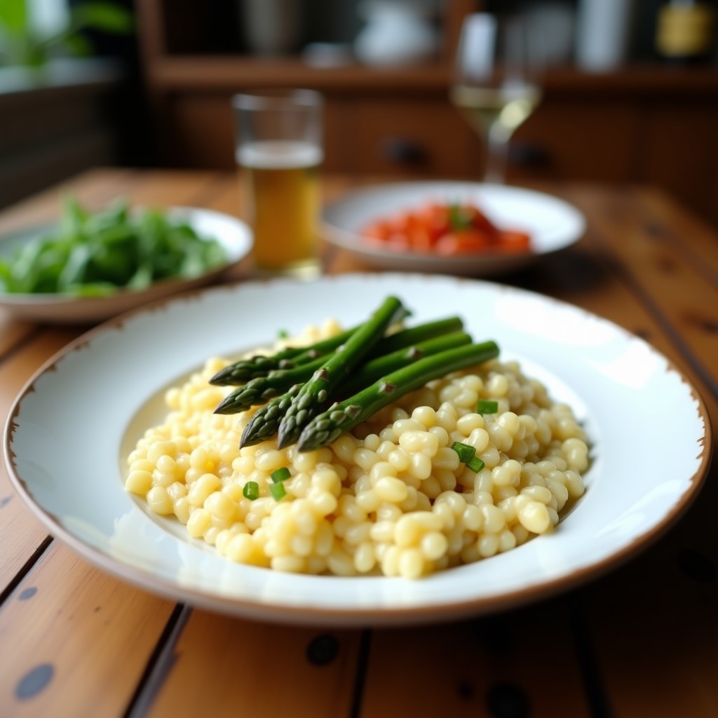 Plato hondo de porcelana blanca con risotto cremoso de espárragos blancos y vino blanco, decorado con puntas de espárragos, hilo de aceite de oliva y levadura nutricional espolvoreada.