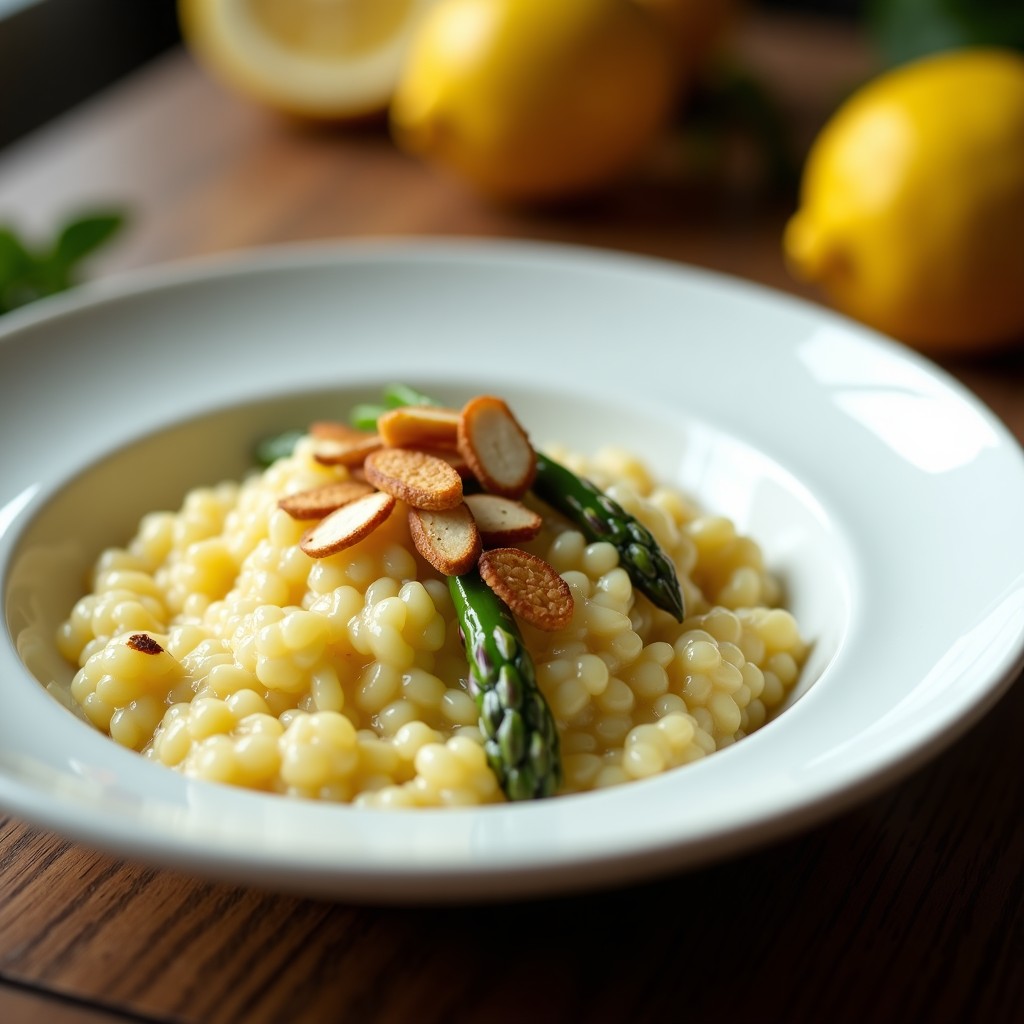 Plato hondo de porcelana blanca con risotto cremoso de color dorado, trozos de espárragos blancos y tiras de limón confitado. Decorado con un hilo de aceite de oliva y semillas de sésamo negro, servido sobre una mesa de madera rústica con utensilios de cocina al fondo.