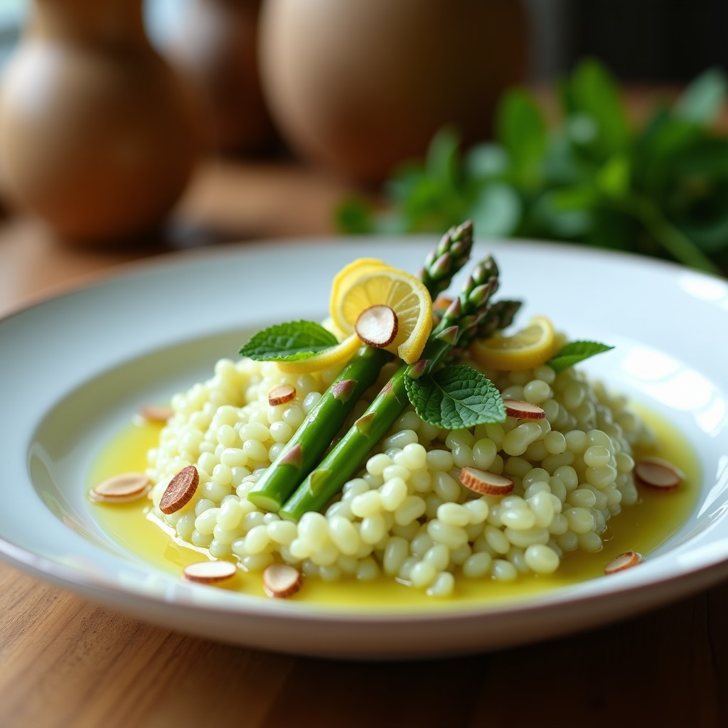 Plato hondo de cerámica blanca con risotto cremoso de color verde pálido, decorado con puntas de espárragos trigueros, juliana de limón confitado y ralladura de limón fresco. Fondo de mesa de madera rústica con servilleta de lino y copa de vino blanco.