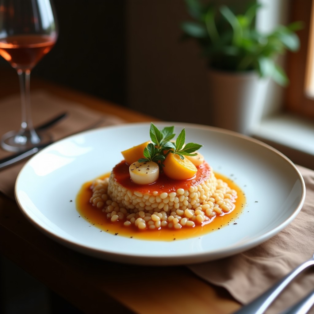 Plato hondo blanco con risotto cremoso de color dorado por el azafrán, decorado con puntas de espárragos morados ligeramente cocidas, almendras fileteadas tostadas y un hilo de aceite de trufa blanca. Fondo de mesa rústica con servilleta de lino.