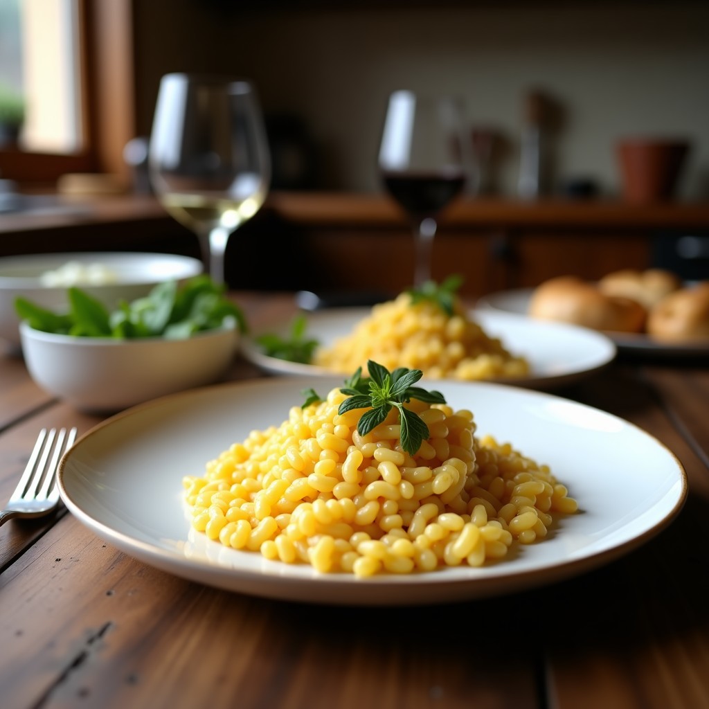 Plato hondo blanco con risotto cremoso de color beige, salpicado de trozos de espárragos trigo verdes y decorado con puntas de espárrago. Queso de anacardos cremoso integrando la mezcla, acabado con hilo de aceite de oliva virgen extra y pimienta negra. Fondo rústico con servilleta de lino.