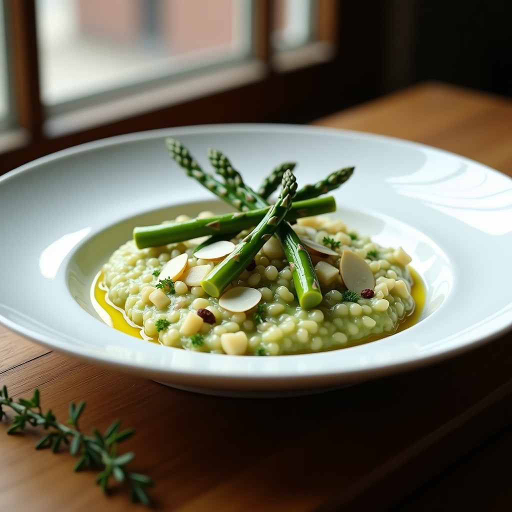 Plato hondo de porcelana blanca con risotto cremoso de espárragos trigos verdes, decorado con puntas de espárrago asadas y virutas de queso parmesano, receta en ollas superpuestas.