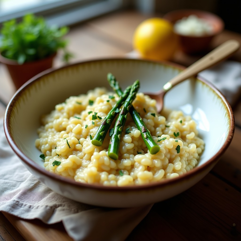 Plato hondo blanco con risotto cremoso de espárragos trigueros, decorado con puntas de espárragos salteados y ralladura de limón, servido con cuchara de madera.