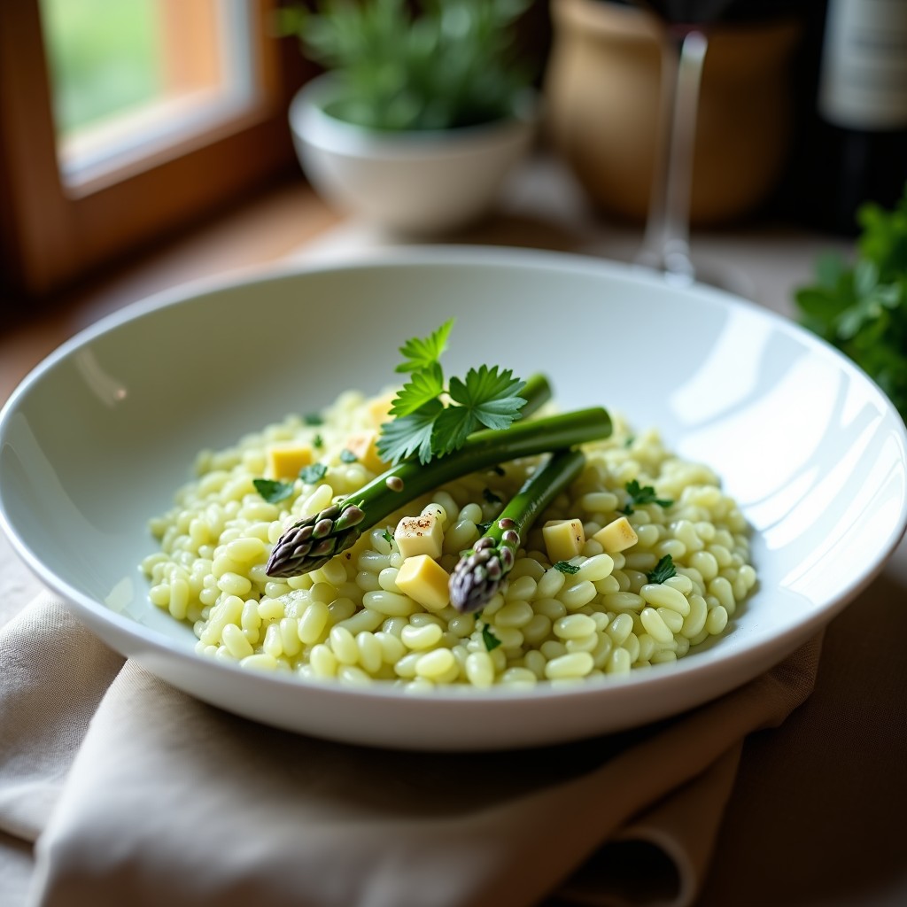 Plato hondo de porcelana blanca con risotto cremoso de color verde claro, trozos de espárragos trigueros tiernos y puntas enteras, coronado con perejil fresco y un hilo dorado de aceite de trufa. Fondo difuminado con mantel de lino y copas de vino.