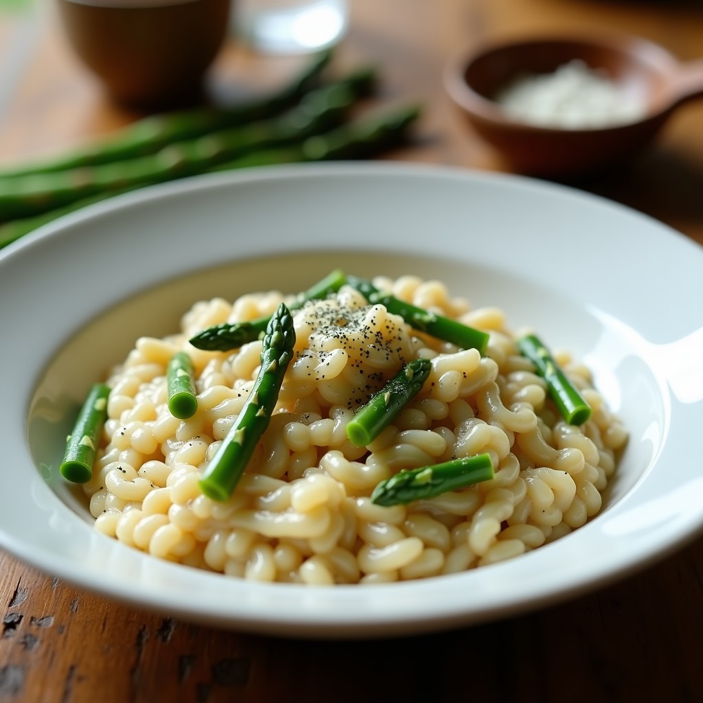Plato hondo blanco con risotto cremoso de color beige, espárragos trigueros verdes en trozos, espolvoreado con zaatar y queso Parmesano rallado, servido con un hilo de aceite de oliva.