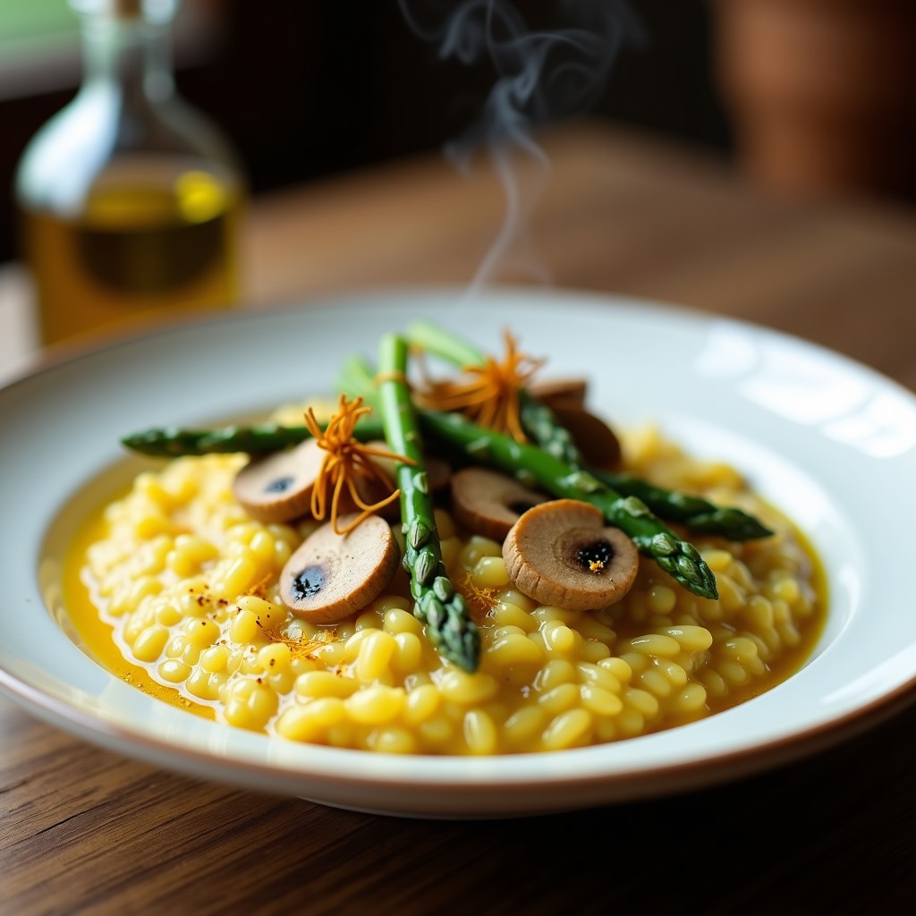 Plato hondo de cerámica blanca con risotto cremoso de color dorado por el azafrán, trozos de espárragos verdes y puntas salteadas. Decorado con hebras de azafrán y virutas de limón, sobre fondo rústico de madera con servilleta de lino.