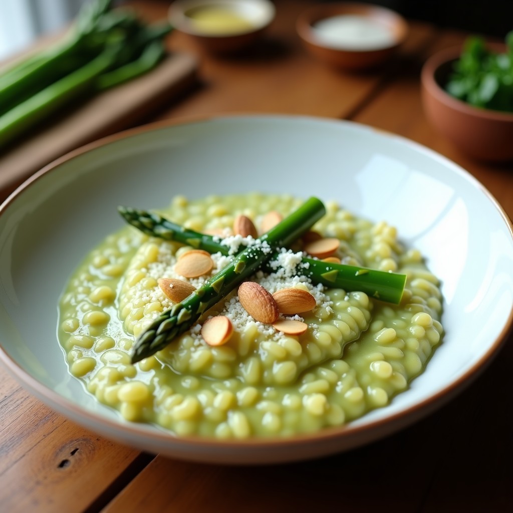 Plato hondo de cerámica blanca con risotto cremoso de color verde claro, coronado por puntas de espárragos verdes tiernas, queso de oveja rallado y almendras tostadas. Receta de risotto de espárragos verdes y queso de oveja en Thermomix sin lactosa.