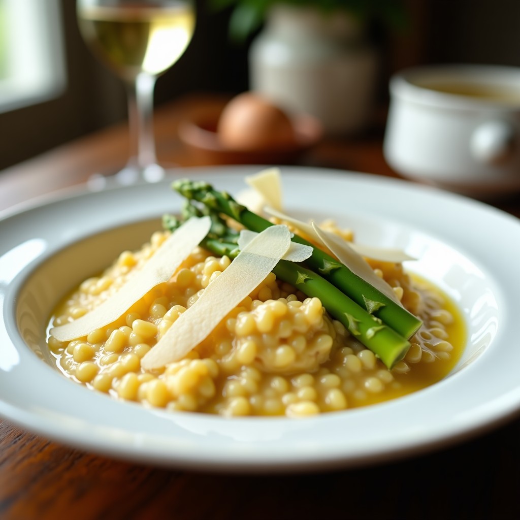 Plato hondo de porcelana blanca con risotto cremoso de espárragos blancos, trozos de espárragos frescos, aromatizado con vino Chardonnay y decorado con virutas de almendra tostada y perejil fresco, receta gourmet en Thermomix.