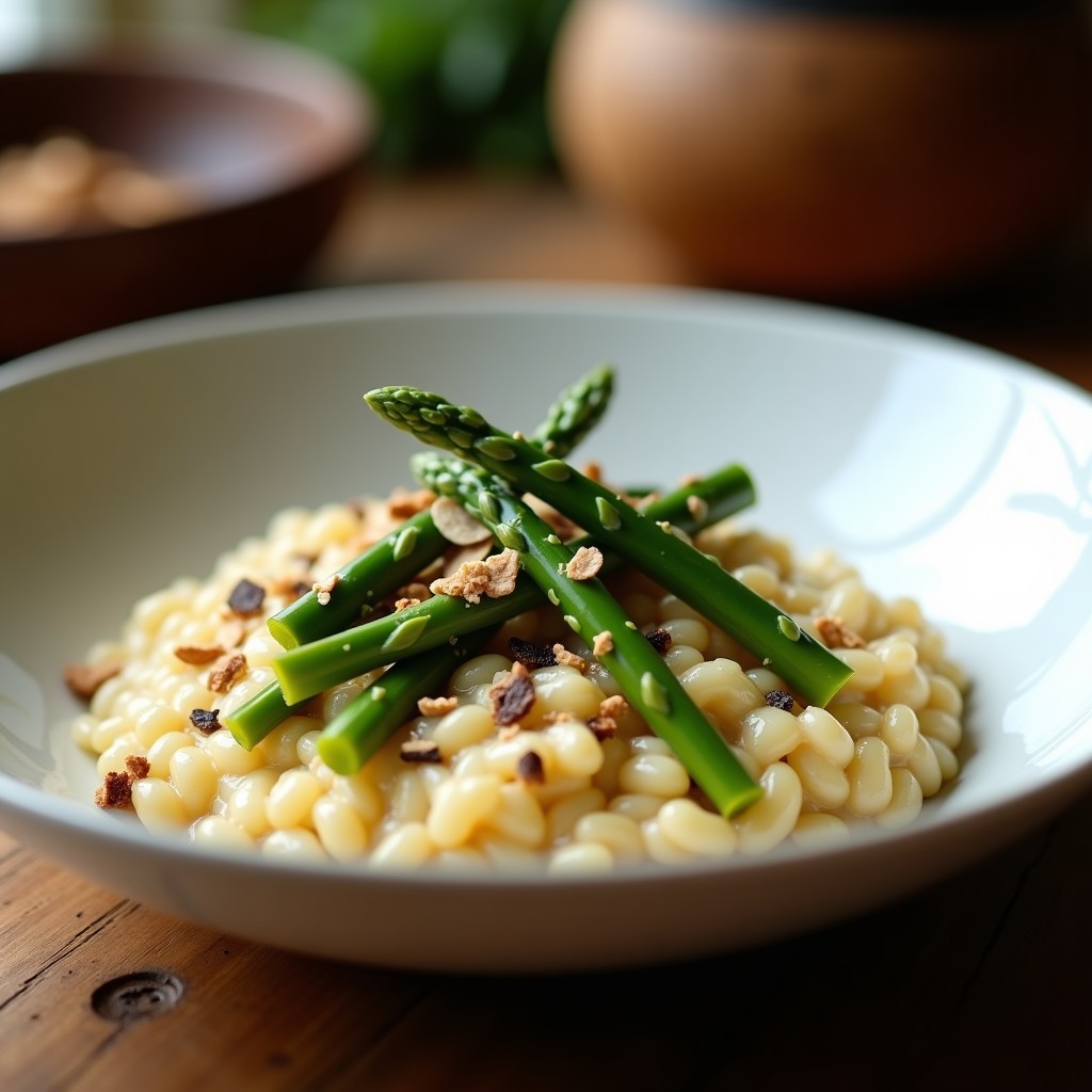 Plato hondo de cerámica blanca con risotto de espelta cremoso, espárragos verdes en rodajas, láminas de trufa negra y almendras fileteadas tostadas, preparado en olla express. Fondos borrosos de cocina rústica con toques de luz natural.