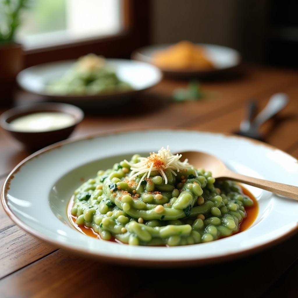 Plato blanco con risotto cremoso de color verde pálido, espinacas ahumadas visibles y virutas de parmesano encima, servido con una cuchara de madera.