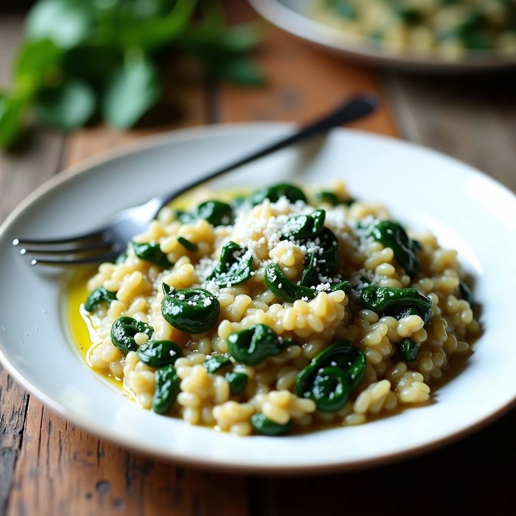 Plato blanco con risotto cremoso de color verde claro, espinacas frescas y vetas oscuras de ajo negro, servido en airfryer.