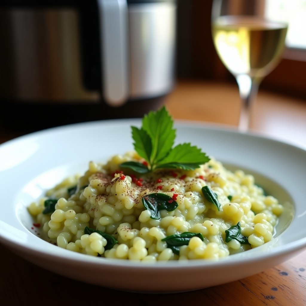 Plato hondo blanco con risotto cremoso de color verde claro, espinacas frescas y trozos de alcachofa dorada, decorado con pimienta negra y perejil. Receta de risotto de espinacas y alcachofas en airfryer.