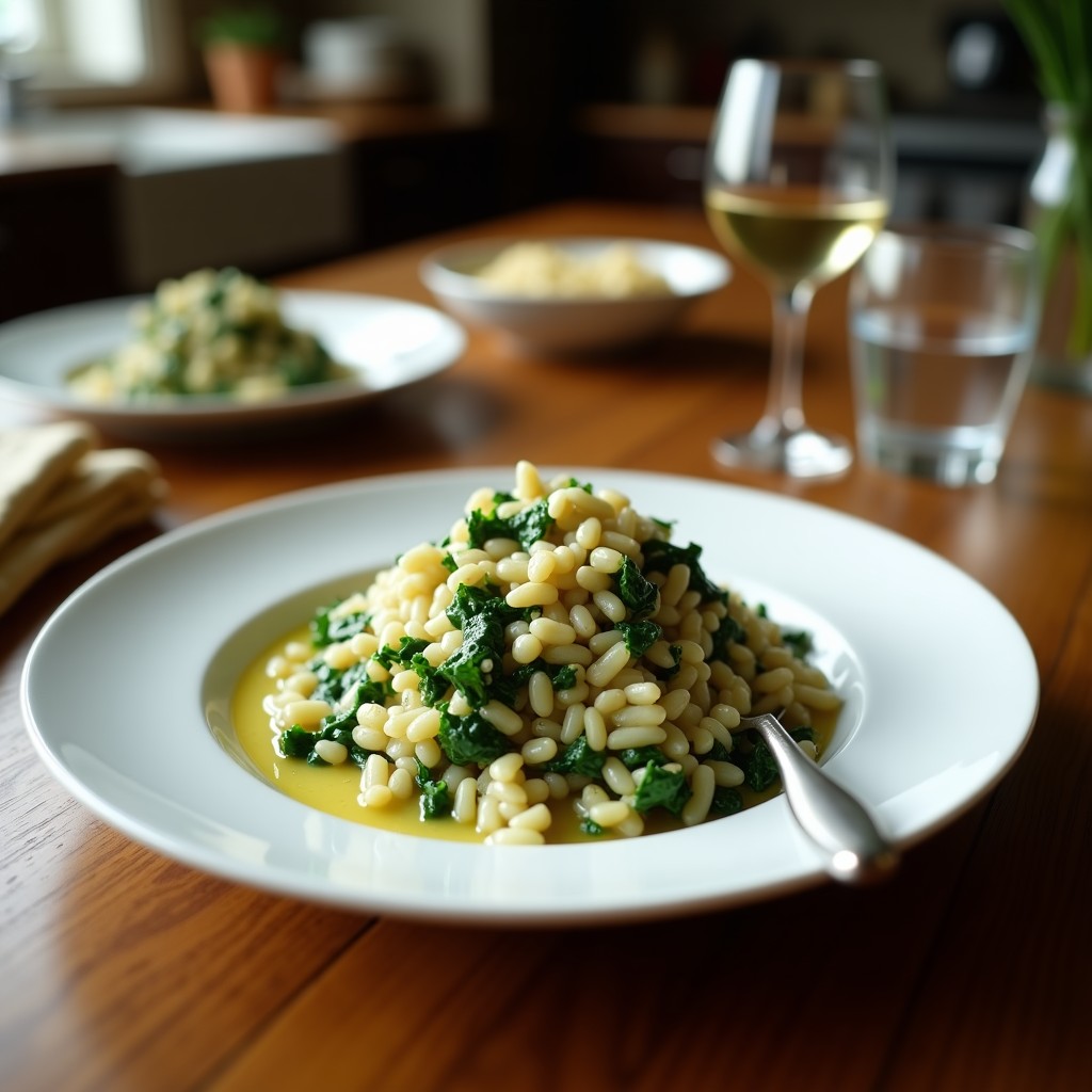 Plato hondo blanco con risotto cremoso de espinacas y alcachofas, decorado con virutas de parmesano y una pizca de pimienta negra, preparado en ollas superpuestas.