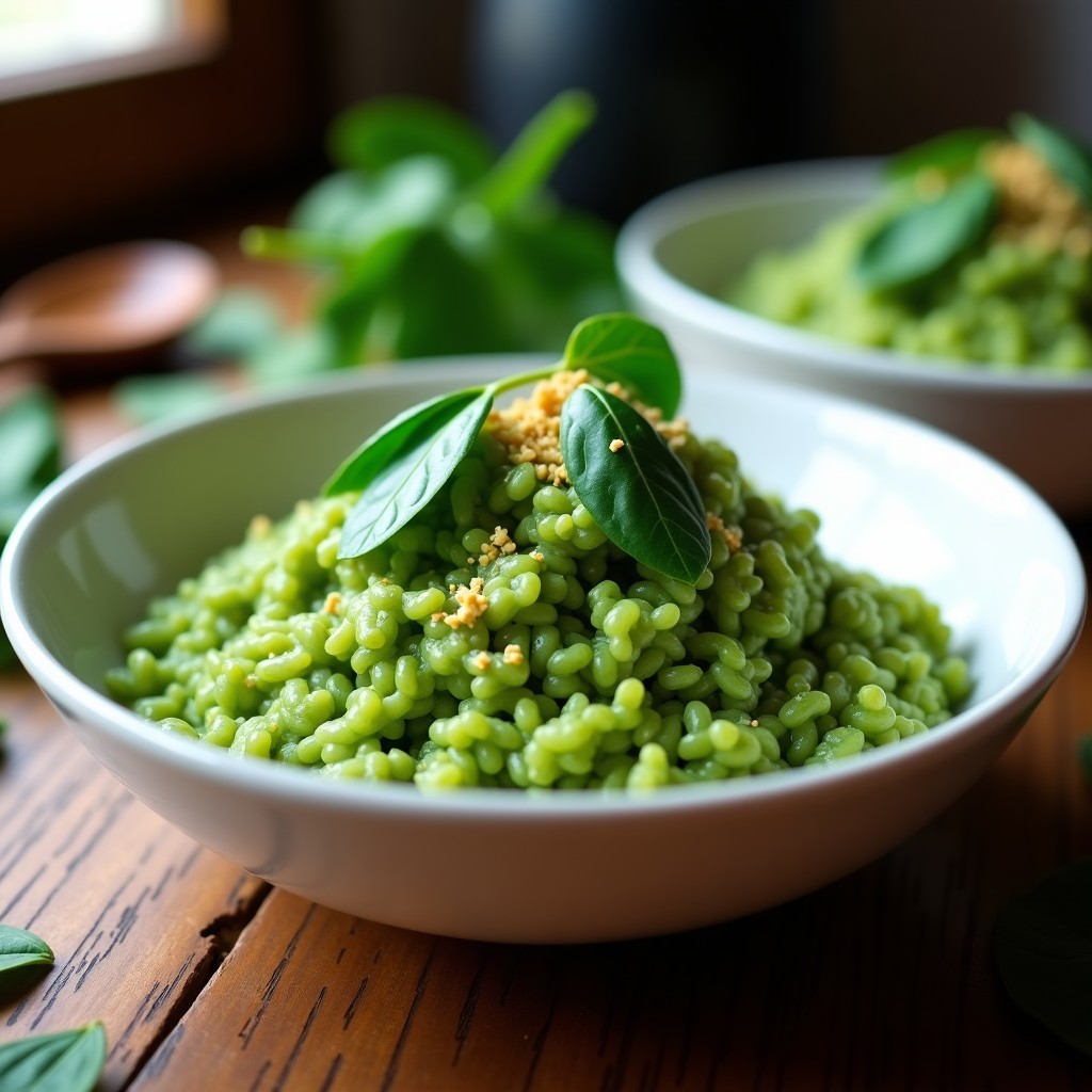 Plato hondo blanco con risotto cremoso de color verde intenso, decorado con espinacas frescas y un toque de levadura nutricional. Receta vegana de risotto de espinacas y espirulina.