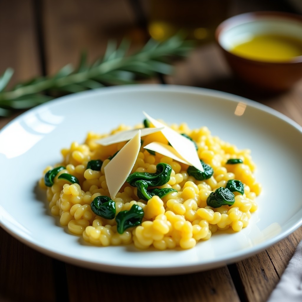 Plato blanco con risotto cremoso de color dorado por el azafrán, espinacas verdes frescas integradas y virutas de queso parmesano. Receta de risotto de espinacas y azafrán en airfryer.