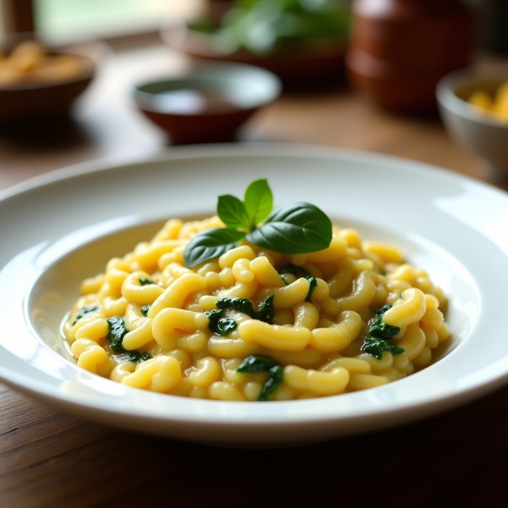 Plato blanco hondo con risotto de espinacas y azafrán en Thermomix, cremoso y dorado, decorado con hojas de espinaca fresca y un hilo de aceite de oliva virgen extra.