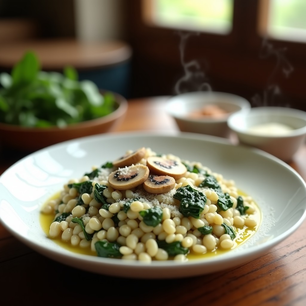 Plato hondo blanco con risotto cremoso de espinacas y champiñones, espolvoreado con queso parmesano rallado y decorado con láminas de champiñón dorado. Receta de olla express.