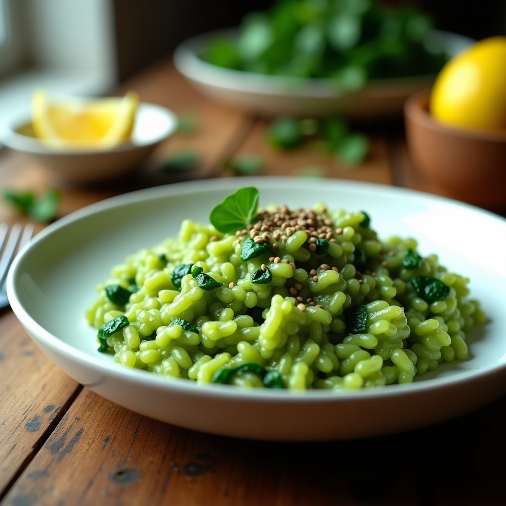 Plato blanco con risotto cremoso de color verde intenso, decorado con espinacas frescas y semillas de cáñamo, servido en un molde de silicona para airfryer.