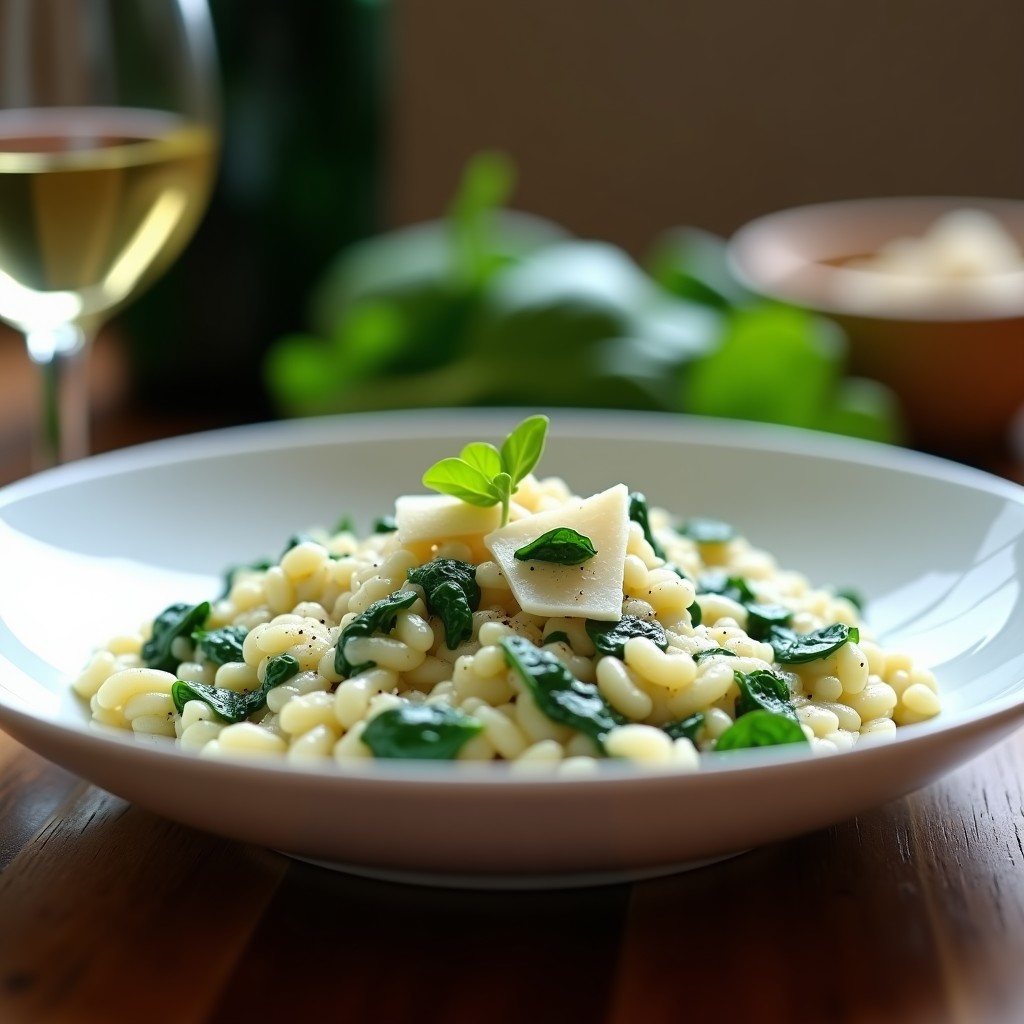 Plato hondo blanco con risotto cremoso de color verde pálido y vetas azules de gorgonzola, espinacas frescas y virutas de parmesano, receta olla rápida.